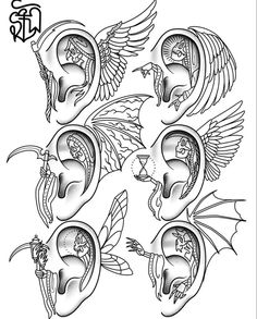 an image of ear piercings with wings and devil heads on the side, in black and white