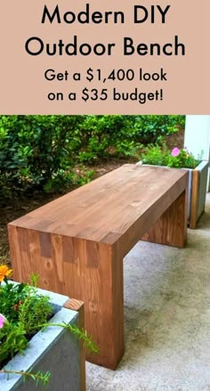 an outdoor bench made out of wood and concrete with text overlay that reads, modern diy outdoor bench get a $ 3 00 look on a $ 35 budget