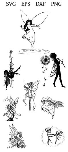 some black and white drawings of fairy characters