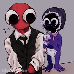 two cartoon characters dressed in formal clothing, one holding a drink and the other wearing an alien costume