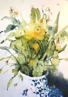 a painting of yellow flowers in a blue and white vase