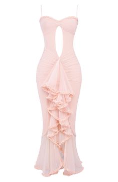 Unique Hoco Dresses Long, Pink Fitted Gown With Sheer Details, Pink Fitted Sheer Gown, Pink Sheer Evening Dress For Gala, Pink Sheer Floor-length Evening Dress, Pink Floor-length Evening Dress With Sheer Details, Fitted Peach Evening Gown, Pink Floor-length Sheer Evening Dress, Borthday Dress