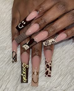 Brown Kaws Nails, Brown Freestyle Nails, Brown Nails Acrylic Design, Brown Acrylic Nails With Rhinestones, Brown Junk Nails, Nail Inspo Long Square Brown, Xl Long Acrylic Nails Brown, Square Acrylic Nails Long, Nails Long Acrylic