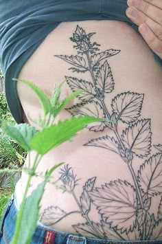 a woman's lower back tattoo with leaves on the side and behind her is a green plant