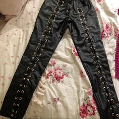 Great Pair Of Faux Leather Stylish Pants Edgy Leather Pants With Belt Loops For Party, Edgy Faux Leather Pants For Going Out, Edgy Faux Leather Pants For Night Out, Party Faux Leather Pants With Belt Loops, Thrift Manifest, Polka Dot Pants, Backless Jumpsuit, Stylish Pants, Ponte Pants