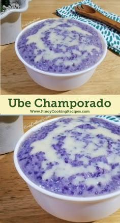 two bowls filled with blueberries and yogurt sitting on top of a wooden table