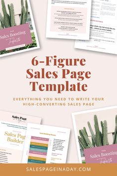 the 6 - figure sales page template is shown in pink and white with text that reads,