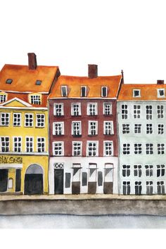 watercolor painting of several buildings in different colors