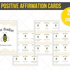 the bee positive affirmation cards are shown in three different colors and sizes, with two