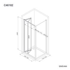 a drawing of a corner shower stall with the door open and side panel showing measurements