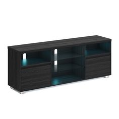 an entertainment center with drawers and lights on the top, in dark wood grained finish