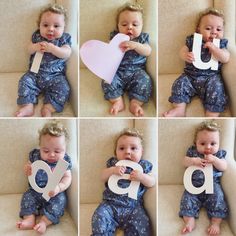 a collage of photos showing a baby holding the letter g