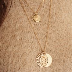 Our Personalised Engraved Large Mandala Necklace is inspired by the beauty of spiritual Mandalas, symbolizing clarity and harmony. An intricate cut-out disc is paired with a smooth surface to create contrast and character. 18K Champagne Gold Plated, 925 Sterling Silver or 18K Rose Gold PlatedLarge Flat Disc: 1 x 1Mandala Disc: 1 x 1Secure clasp fasteningHand engraved in our London workshopSent with love in a complimentary gift boxAny slight variations in lettering depth, spacing and alignment fr Large Mandala, Boho Engagement Ring, Mandala Necklace, Jewelry Materials, Disc Pendant, Disc Necklace, Engraved Jewelry, 925 Sterling Silver Chain, Engraved Necklace