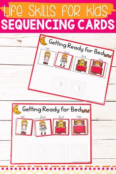 two cards with the words, life skills for kids sequenced in red and yellow