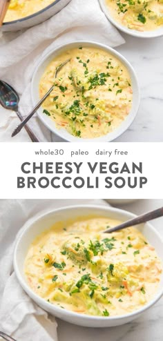 two bowls of cheesy vegan broccoli soup with text overlay