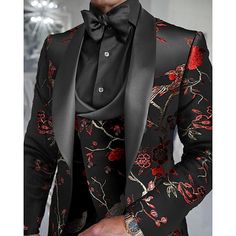 Category:Tuxedos; Season:All Seasons; Fabric:Cotton Blend; Style:Party; Includes:Vest,Pants,Jacket; Occasion:Prom,Wedding; Fit Type:Slim Fit; Jacket Buttons:Single Breasted One-button; Jacket Pockets:Straight Piped; Vest Buttons:5; Pattern:EmbellishedEmbroidered,Jacquard; Neckline:Shawl Collar; Listing Date:10/20/2023; Pant Length:; Pants Waist:; Shoulder Width:; Sleeve Length:; Bust:; Hips:; Number of Pieces:3 Piece; Design:Embroidery Fairytale Wedding Suit Men, Black Tuxedo Designs For Men, Red And Black Suit For Men Quince, King Of Hearts Costume Men, Halloween Wedding Groom Attire, Black And Gold Wedding Suit, Wedding Suits Groom Pink, Unique Wedding Suits Men, Dark Fantasy Fashion Male