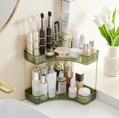 CICUFY 2-Tier Acrylic Corner Makeup Organizer Stylish Counter Organizer for Vanity and Bathroom Countertop - Green Cosmetic Organizer Ideas, Makeup Organization Bathroom, Corner Stand, Organize Bathroom Countertop, Counter Organizer, Apartment 2023, Bathroom Trays, Acrylic Makeup Organizer, Sponge Makeup