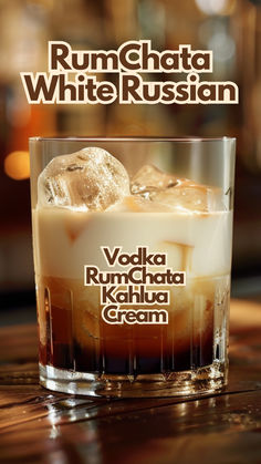 an advertisement for rumchata white russian with ice and cola in the glass on the table