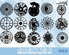 a bunch of different types of clocks on a blue and white background with text below