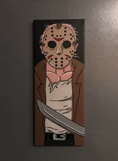 a painting of a person holding a knife on a wall with the words friday 13th