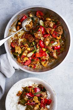 two bowls filled with food on top of a table