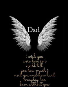 an angel wing with the words dad written on it in gold and white text, against a black background