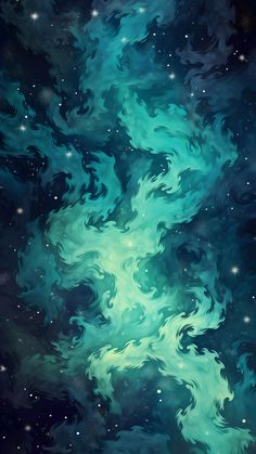 an abstract painting with green and blue swirls in the sky, stars and clouds