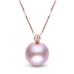 A lustrous pink freshwater cultured pearl rests elegantly beneath a shimmering round diamond accent in this gorgeous women's necklace. Fashioned in 14K rose gold, the 18-inch round box chain secures in place with a spring ring clasp. Rose Gold Round Necklace With Pearl Pendant, Rose Gold Round Pearl Necklace In Fine Jewelry Style, Luxury Rose Gold Pearl Pendant Necklace, Fine Jewelry Rose Gold Pearl Necklace, Rose Gold Pearl Necklace In Fine Jewelry Style, Round Rose Gold Akoya Pearl Jewelry, Rose Gold Akoya Pearl Round Jewelry, Rose Gold Round Pearl Necklace, Round Akoya Pearl Jewelry In Rose Gold