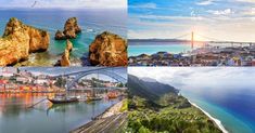 four different views of the sea and mountains in europe, including bridge, city, water