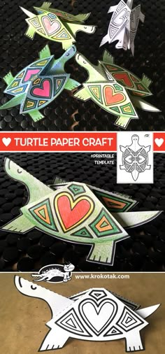 the turtle paper craft is on display in front of a black background with red and green hearts