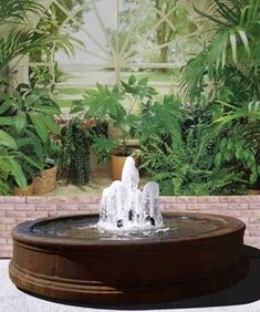 a water fountain in the middle of a garden