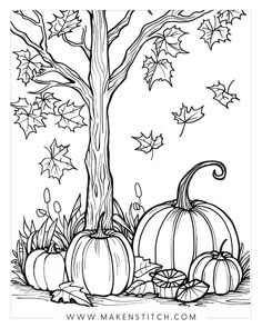 a black and white drawing of pumpkins under a tree