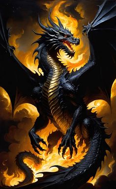 a black dragon sitting on top of a fire covered ground with its wings spread out