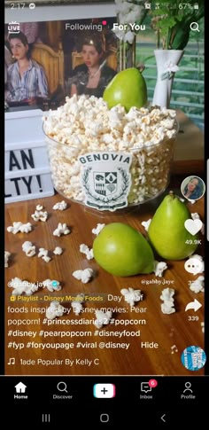 an image of popcorn and pears on a table with the caption's below it