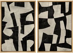 two black and white abstract paintings in wood frames