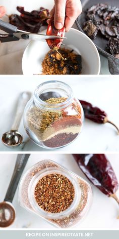 the process of making homemade chili seasoning is shown in three different stages, including being spooned out