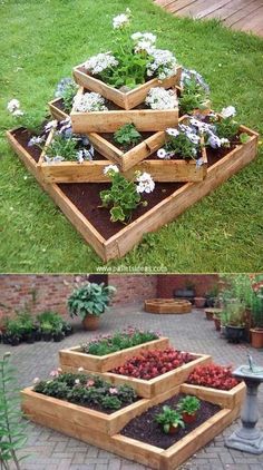 several wooden boxes filled with plants and flowers on the grass in a garden area next to a deck