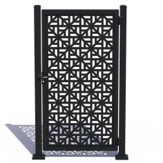 an iron gate with geometric designs on the top and bottom, against a white background