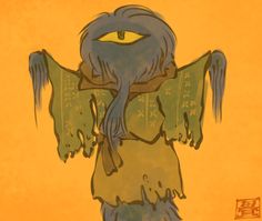 a drawing of an evil looking creature with long hair and big eyes, in front of a yellow background