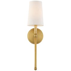 a gold wall light with a white shade on the top and bottom half of it