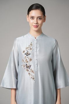 Buy Grey Chanderi Embroidered Sequin Mandarin Collar Butterfly Kurta With Pant For Women by Joy Mitra Online at Aza Fashions in US