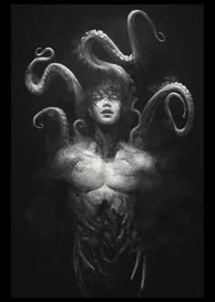 an image of a man with tentacles on his chest and head, in the dark