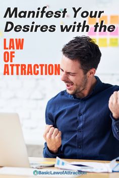 a man sitting in front of a laptop computer with the words, how to maintain your desireds with the law of attraction