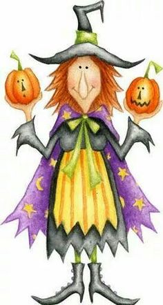 a drawing of a witch holding two pumpkins