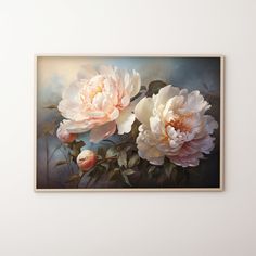 three large pink flowers on a white wall