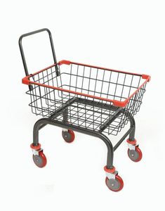 an empty shopping cart with wheels on a white background