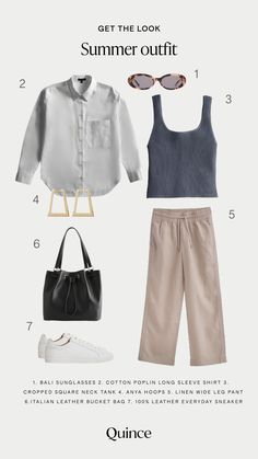 Casual with a touch of low-key luxe. This summer outfit idea has an effortless & chic vibe with our wide leg linen pants, leather sneakers, and elevated accessories to polish things off. What you’ll need: 1. Bali Polarized Acetate Sunglasses 2. 100% Organic Cotton Poplin Long Sleeve Boyfriend Shirt 3. Cropped Square Neck Ribbed Knit Tank 4. Anya Trapezoid Hoops 5. 100% European Linen Wide Leg Pant 6. Italian Leather Triple Compartment Bucket Bag 7. 100% Leather Everyday Sneaker. Dissh Linen Pants, Versatile Everyday Spring Pants, Summer Workwear Pants In Flax Color, Summer Workwear Pants In Flax, Neutral Summer Pants For Everyday Wear, Effortless Everyday Spring Pants, Effortless Spring Pants For Everyday, Everyday Beige Linen Pants, Summer Wide Leg Everyday Pants