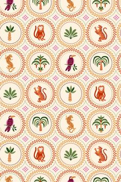 an image of a pattern with animals on the side and palm trees in the background