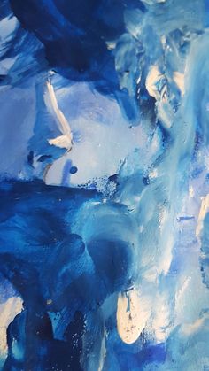 an abstract painting with blue and white colors