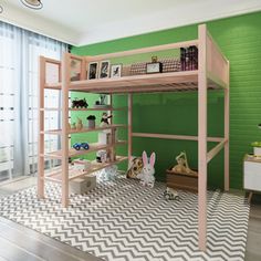 a child's bedroom with a bunk bed and green walls, white chevron rug